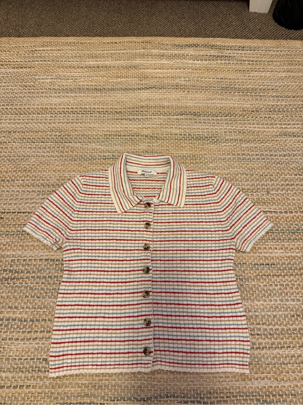 Madewell Ribbed Short-Sleeve Button-Up Polo in Cream, Red & Green
